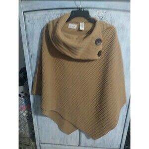 La Moda One Size Poncho Beige Brown Buttons Boho Cozy